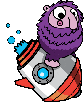 Purple Fuzzy Fella on a rocket!