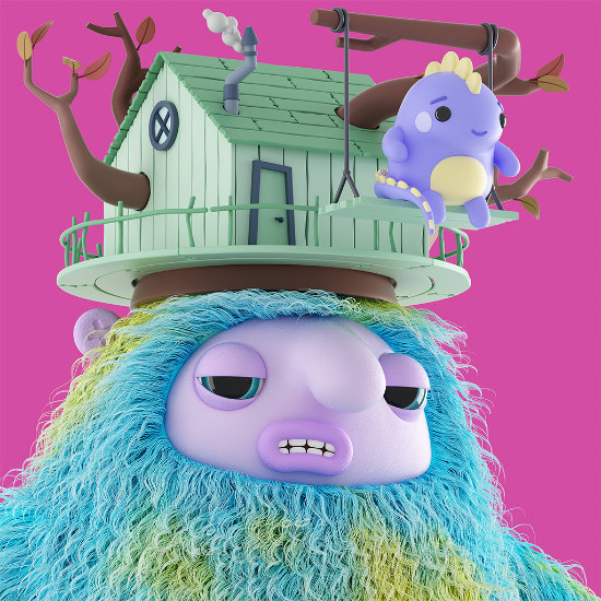 Fuzzy Fella with a Tree House Headpiece and Dino Companion